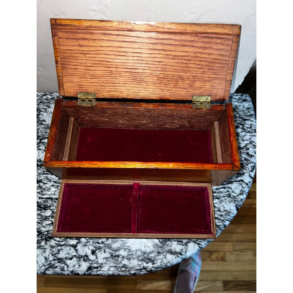 Vintage Wood Jewelry Box‎ Brown Velvet Lining Removable Tray Storage Case